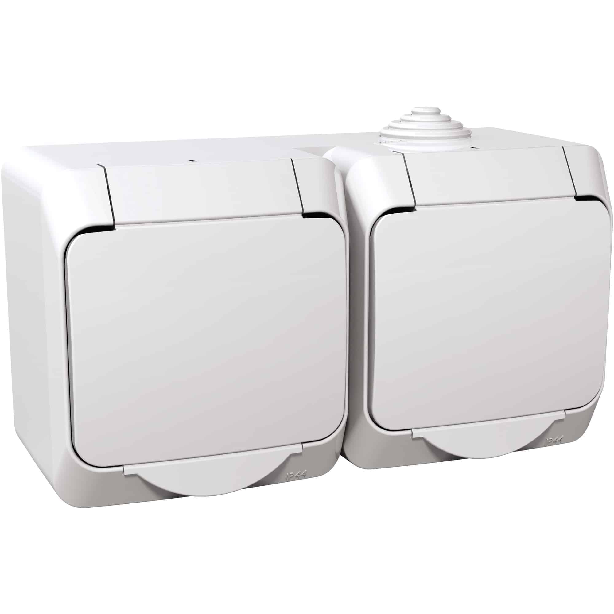 Priza 2P+E Schneider, dubla cu capac opac, aplicata, alb, IP44