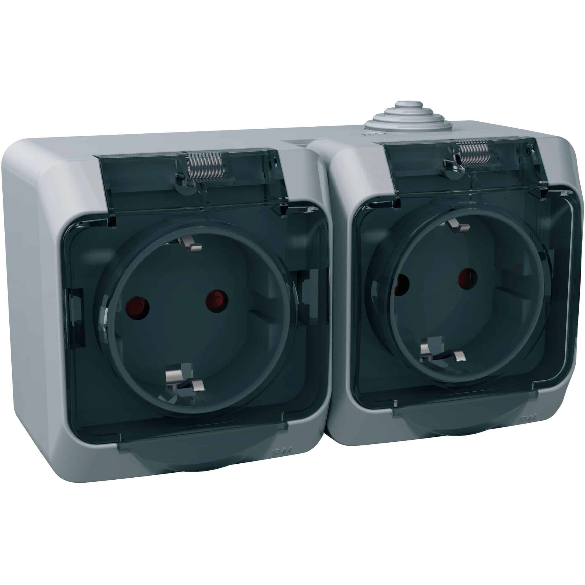 Priza 2P+E Schneider, dubla cu capac transparent, aplicata, gri