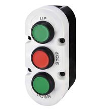 Cutie pentru comanda ETI, 3 butoane, verde/rosu/verde, SUS/STOP/JOS, 1ND+1NI+1ND, 004771445