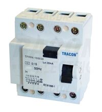 Disjunctor cu protectie diferentiala trifazica Tracon, 100A, 100mA, RCCB, tip AC, 6kA, TFV, TFVH4-100100